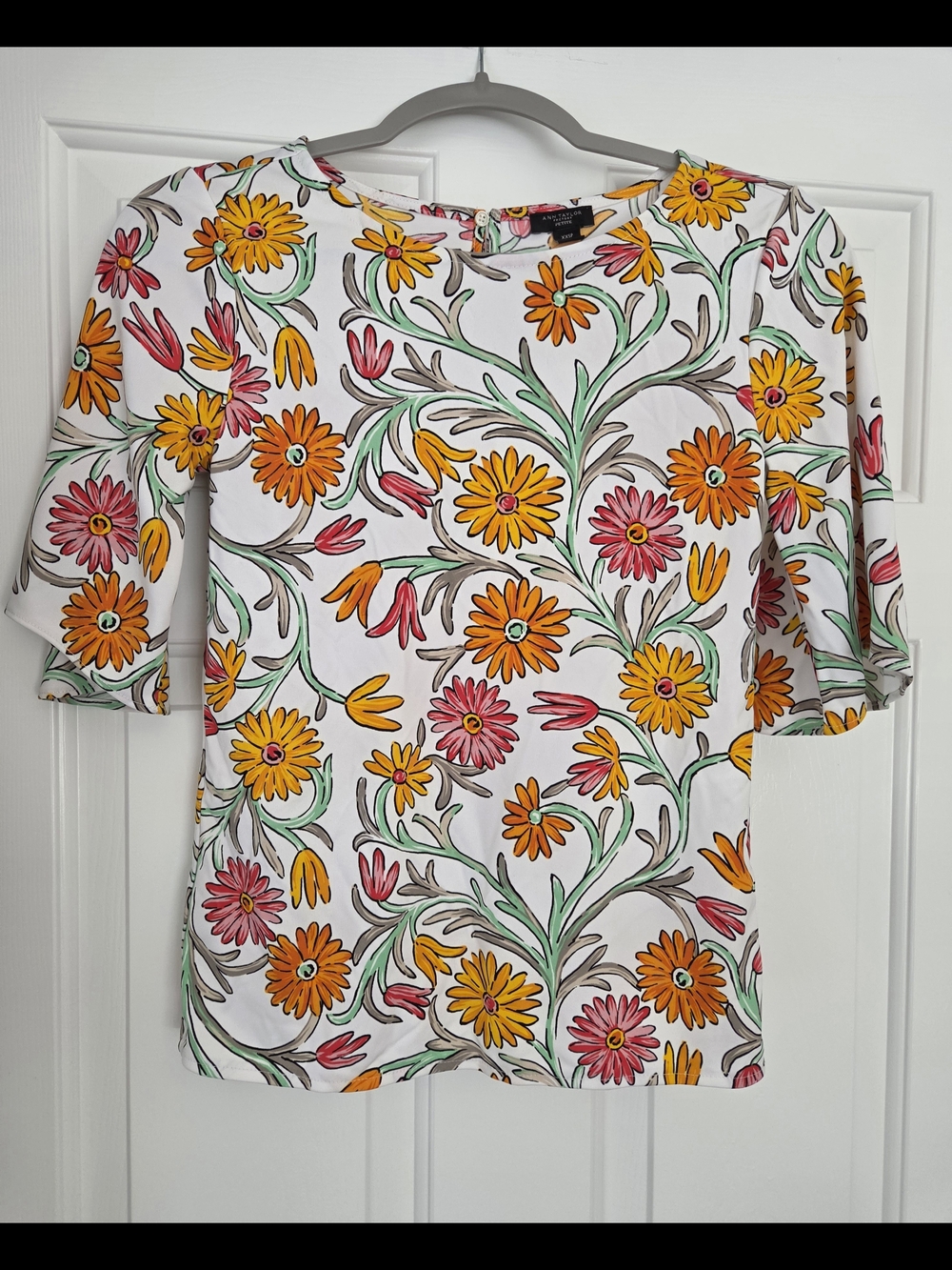 Ann Taylor White Floral Short-Sleeve Blouse with Yellow & Pink Flowers